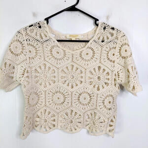 Womens Top Small Crochet Hexagon Sheer CottagecOre Cropped Festival Country